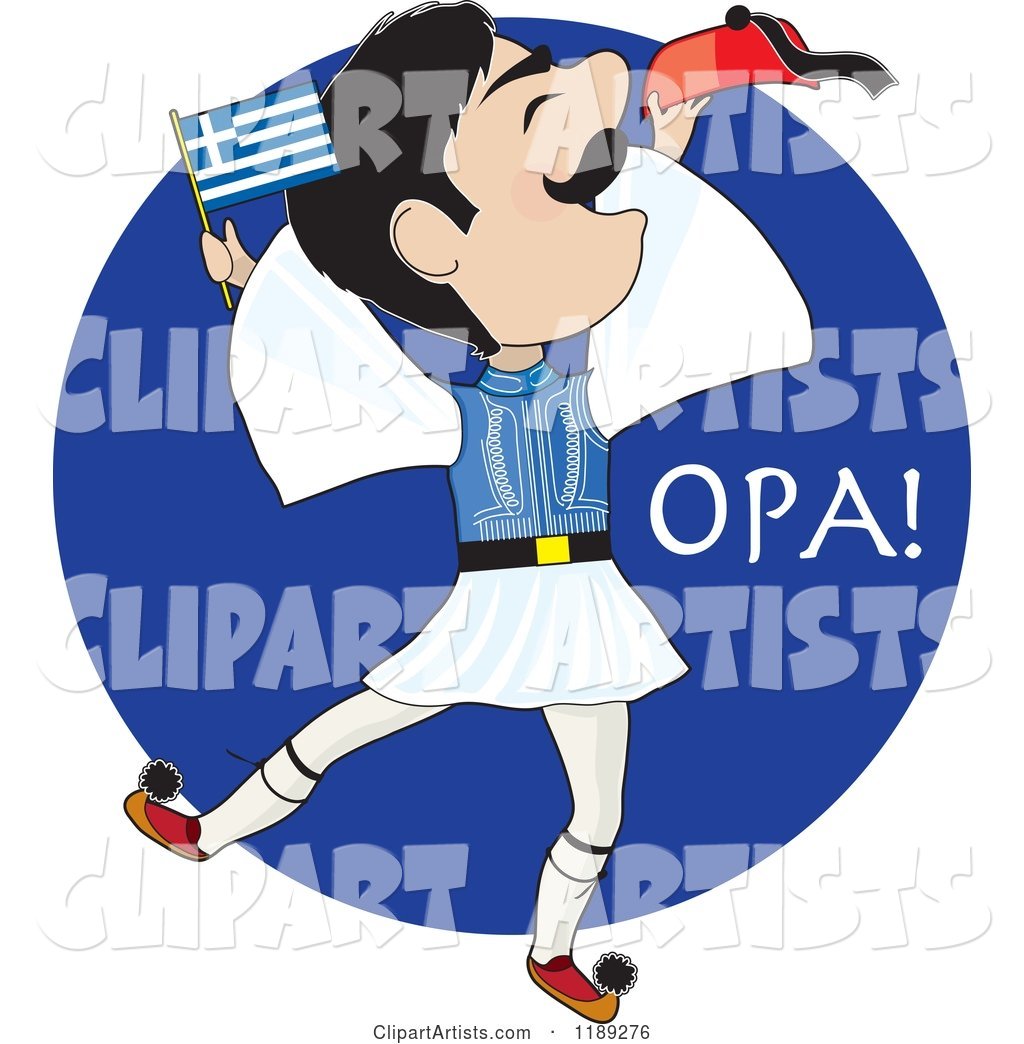 Greek Evzone Dancer with a Greek Flag over a Blue Circle