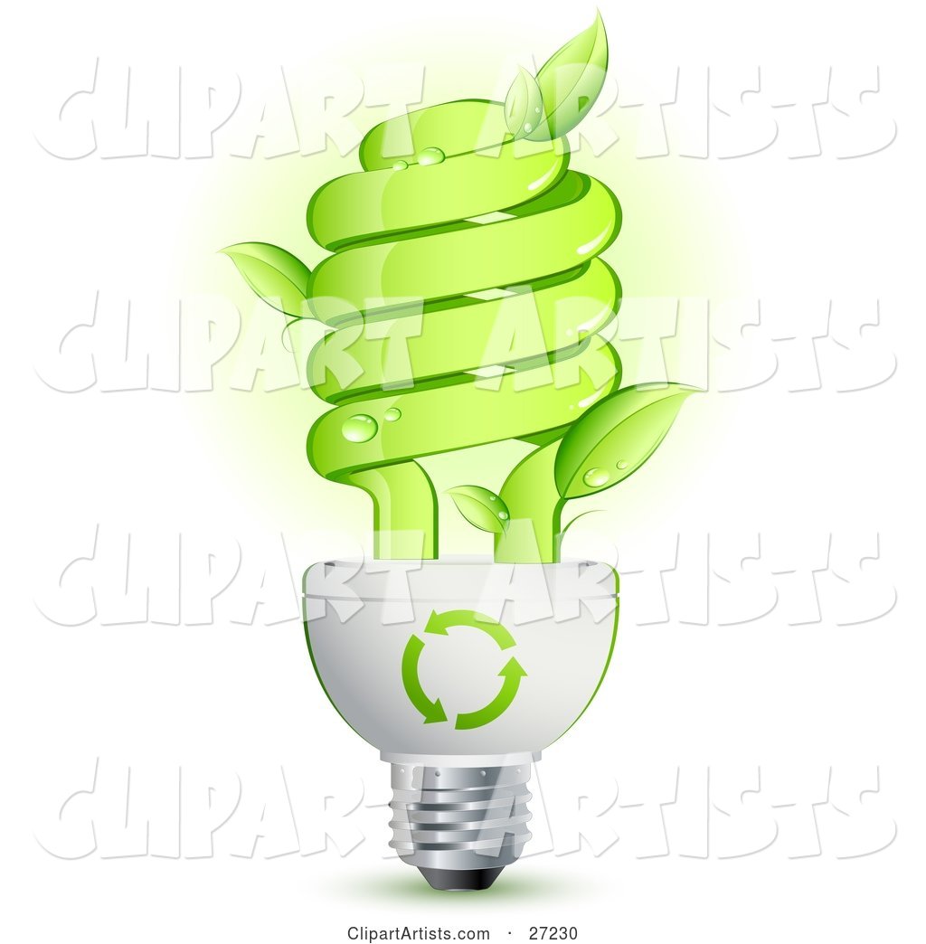 Green Energy Efficient Lightbulb with Leaves Sprouting from the Glass and Green Arrows Above the Spiral