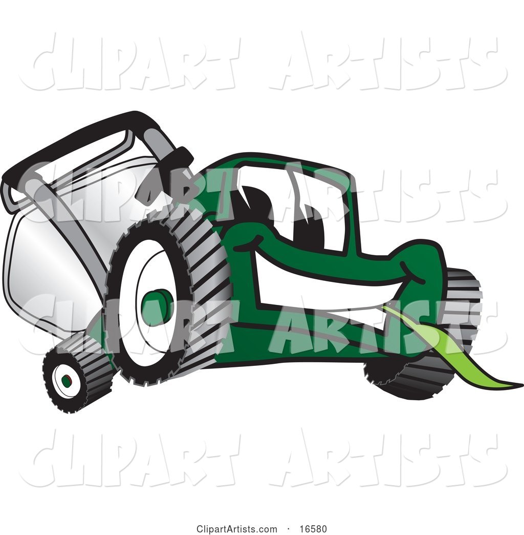 Green Lawn Mower Mascot Cartoon Character Facing Front and Eating Grass