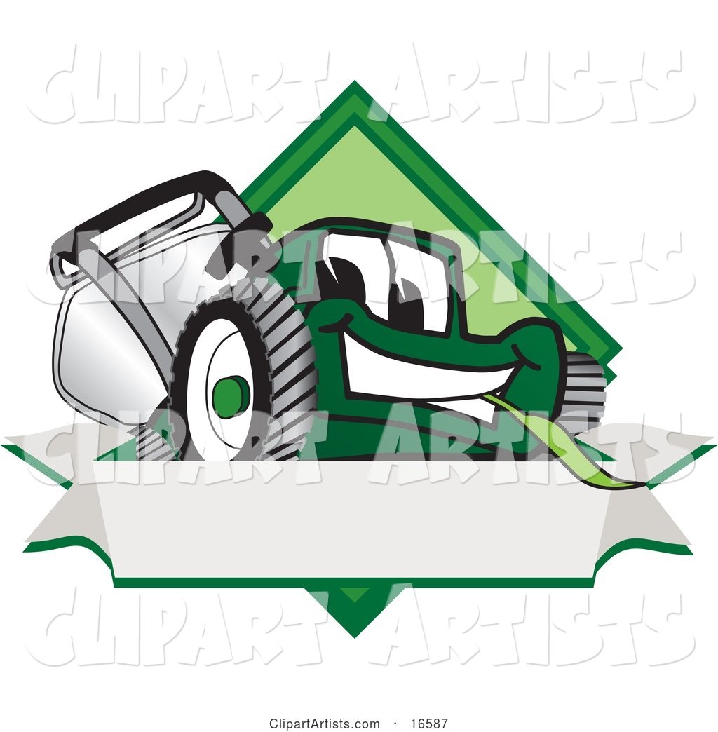 Green Lawn Mower Mascot Cartoon Character on a Blank Label