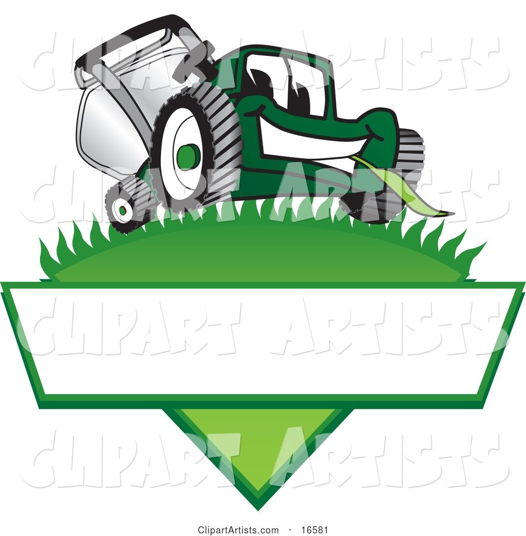 Green Lawn Mower Mascot Cartoon Character on a Logo