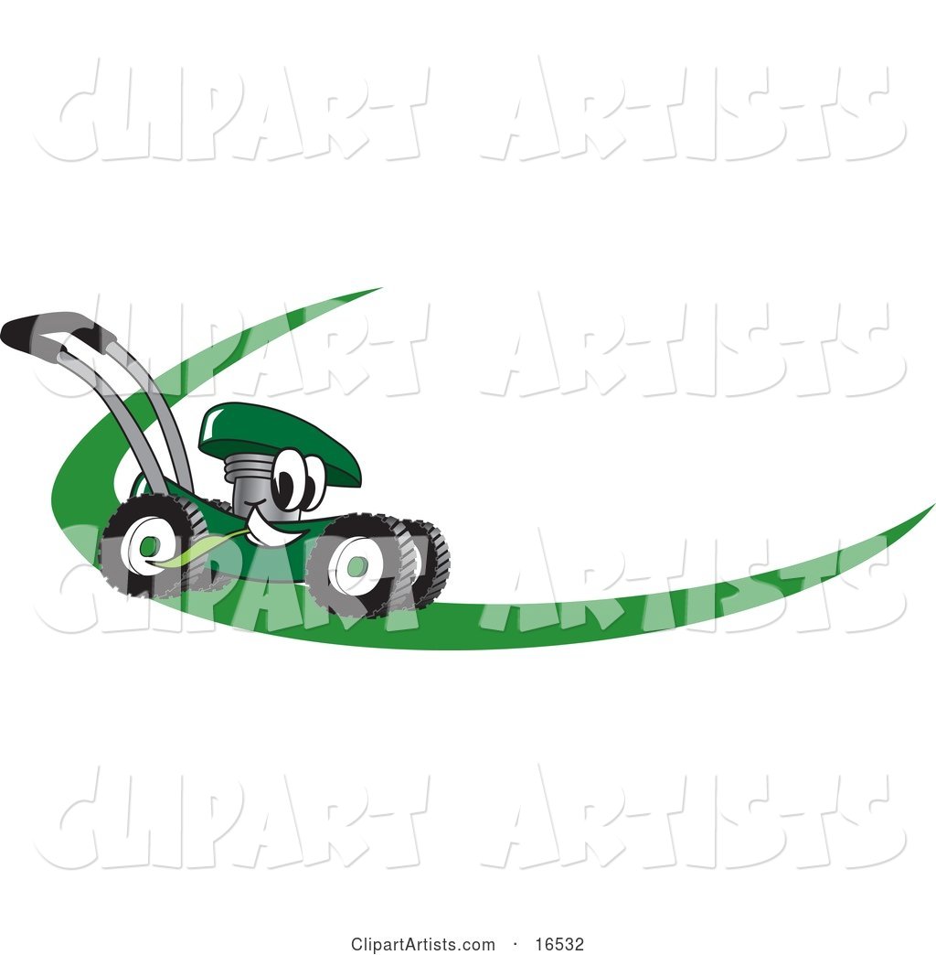 Green Lawn Mower Mascot Cartoon Character on a Logo or Nametag with a Green Dash