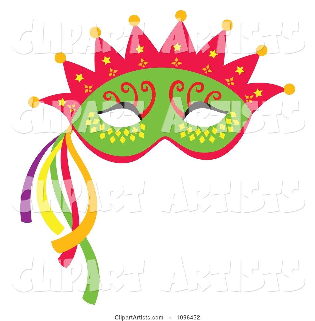 Green Mardi Gras Face Mask with a Crown and Streamers