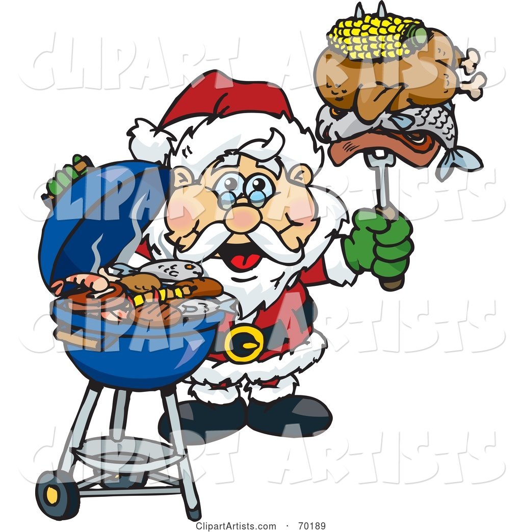 Grilling Santa Wearing a Santa Hat and Holding Food on a BBQ Fork