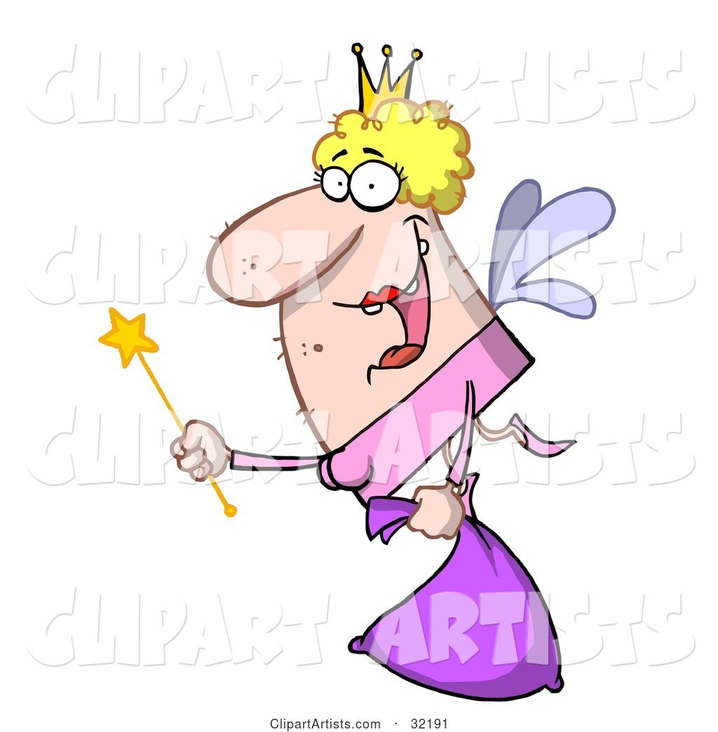 Grinning Blond Fairy Godmother or Tooth Fairy, Flying with a Wand and Bag