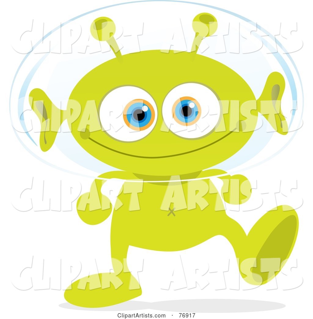 Grinning Green Alien Walking and Wearing a Head Bubble