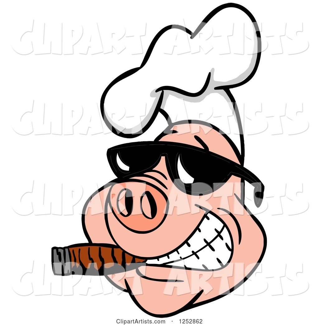 Grinning Pig Smoking a Cigar and Wearing a Chef Hat and Sunglasses