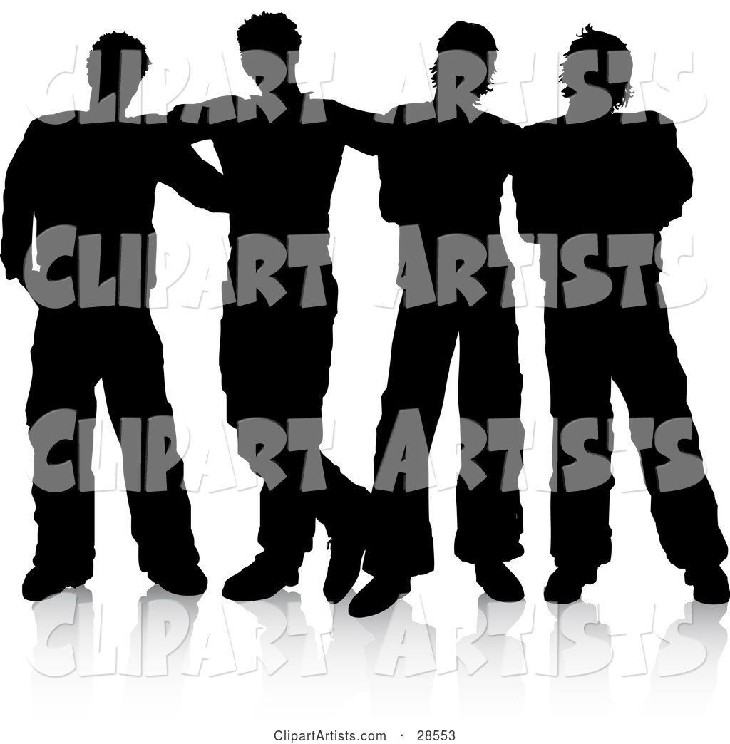 Group of Four Guys Standing Together, Silhouetted over White