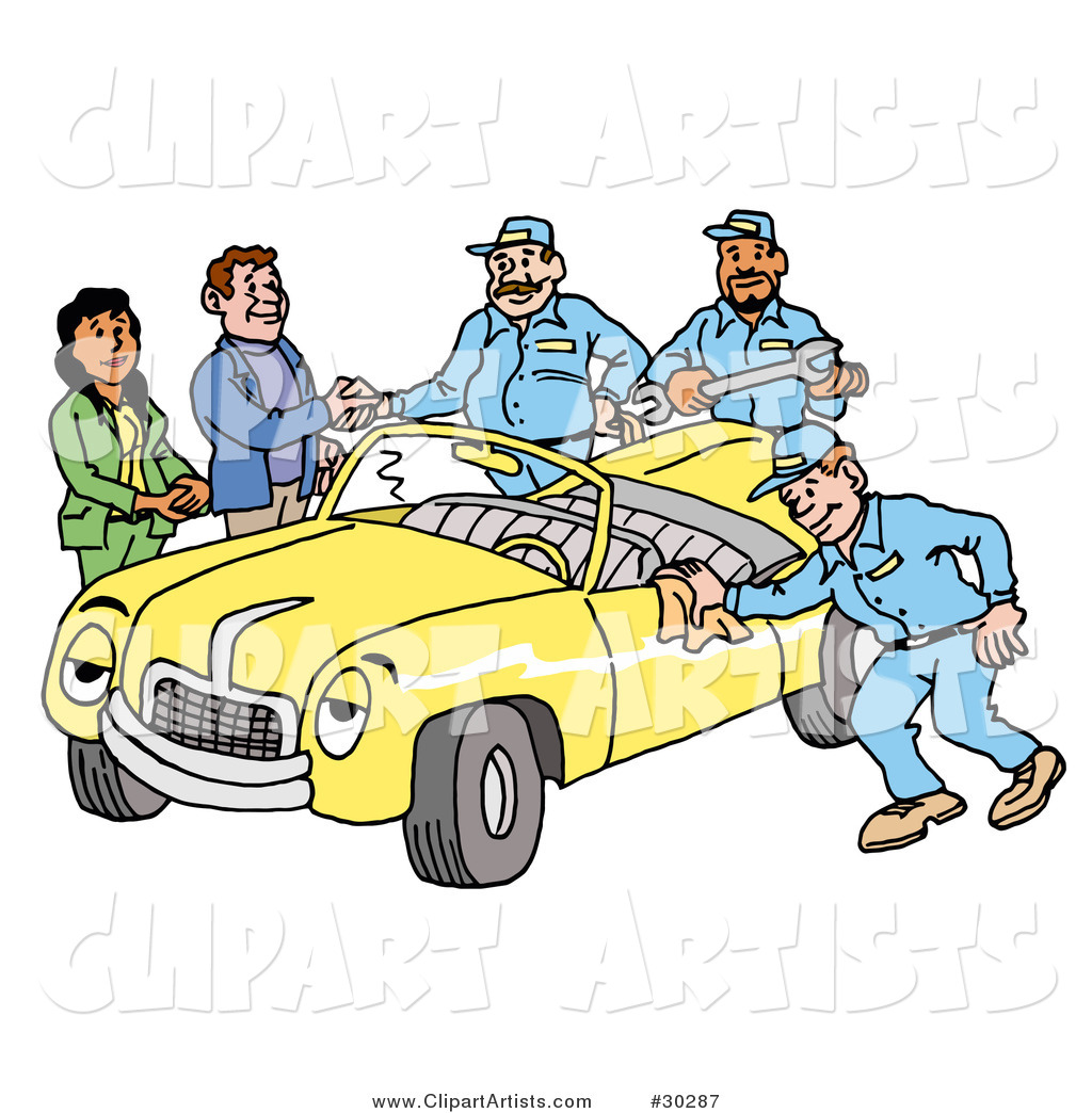 Group of Friendly Mechanics Finishing up Work on a Yellow Classic Convertible Car Owned by a Couple