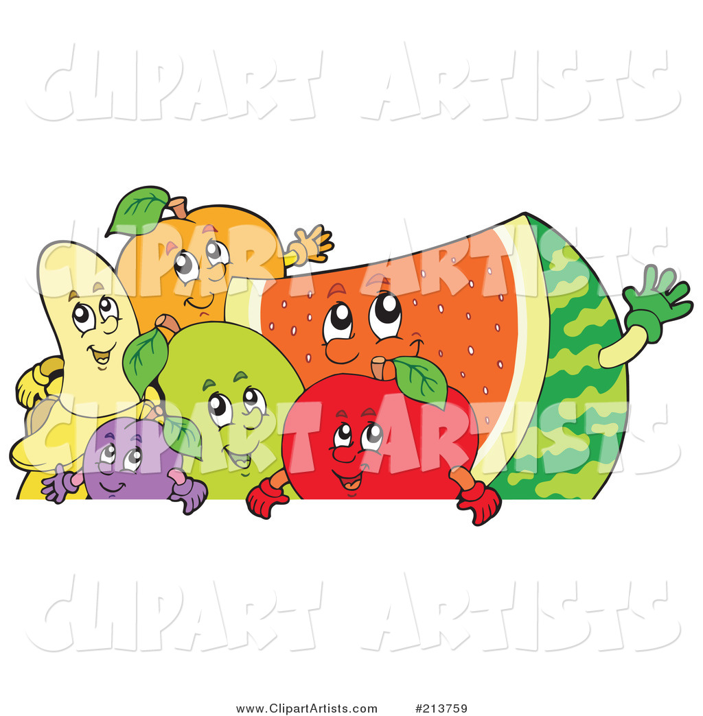 Group of Happy Fruit over a Blank Sign