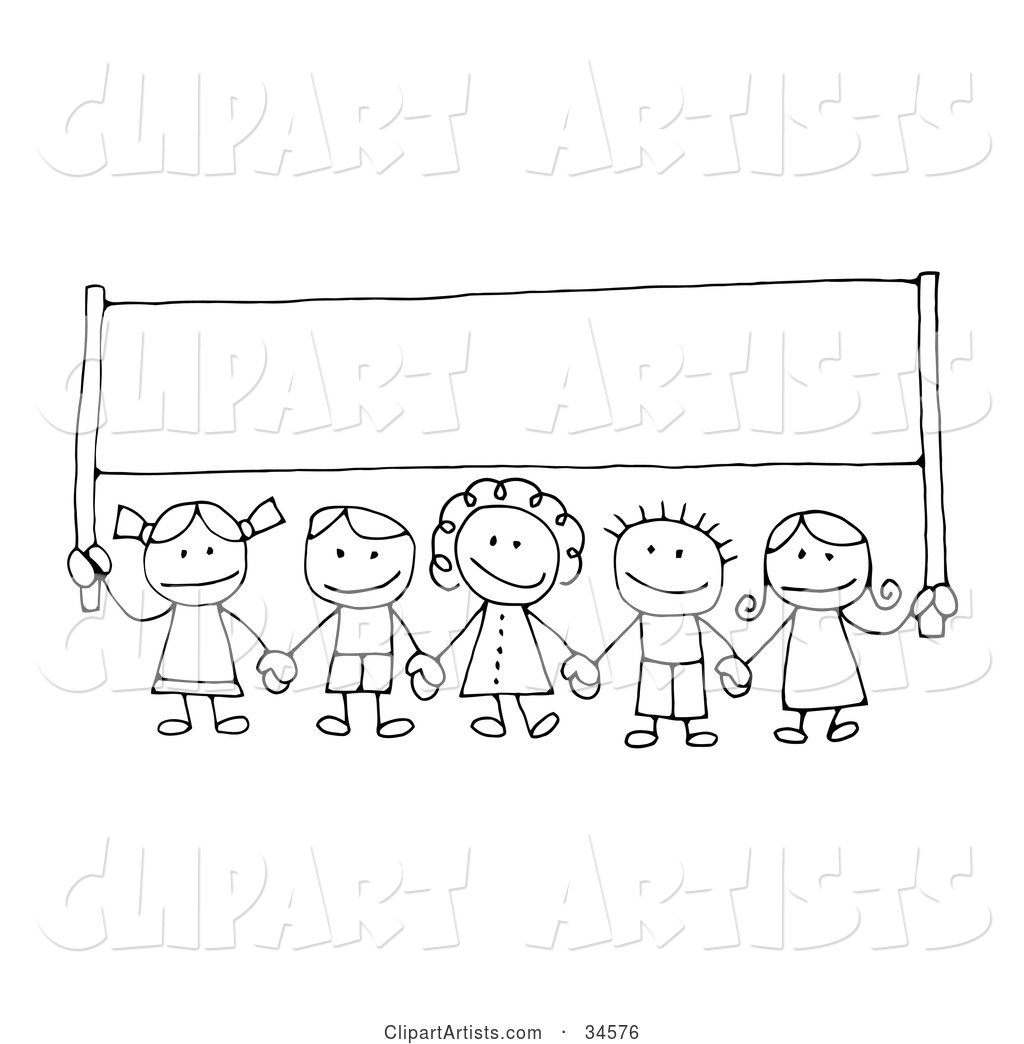 Group of Happy Stick Children Holding Hands and Carrying a Blank Banner