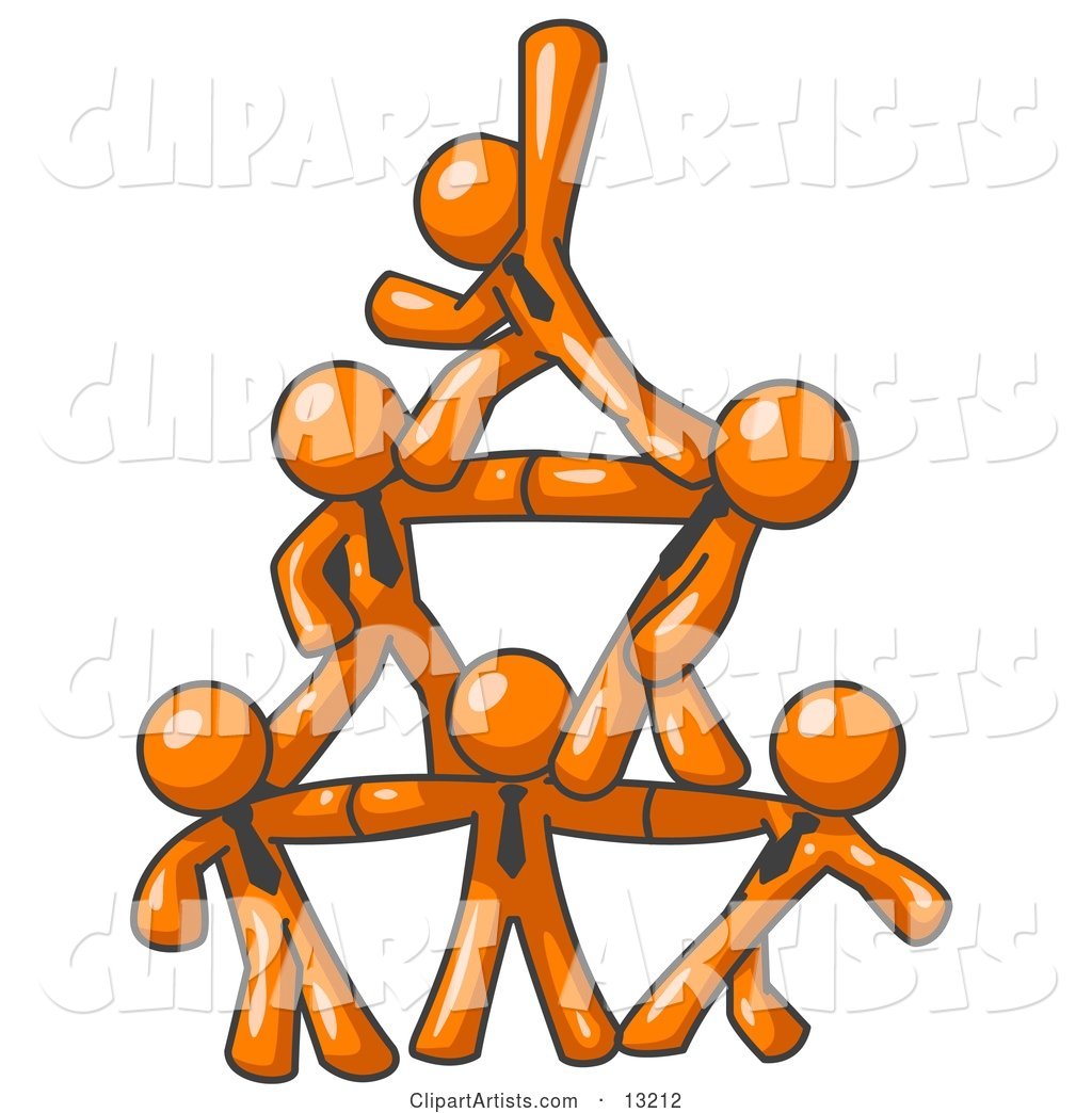 Group of Orange Businessmen Piling up to Form a Pyramid