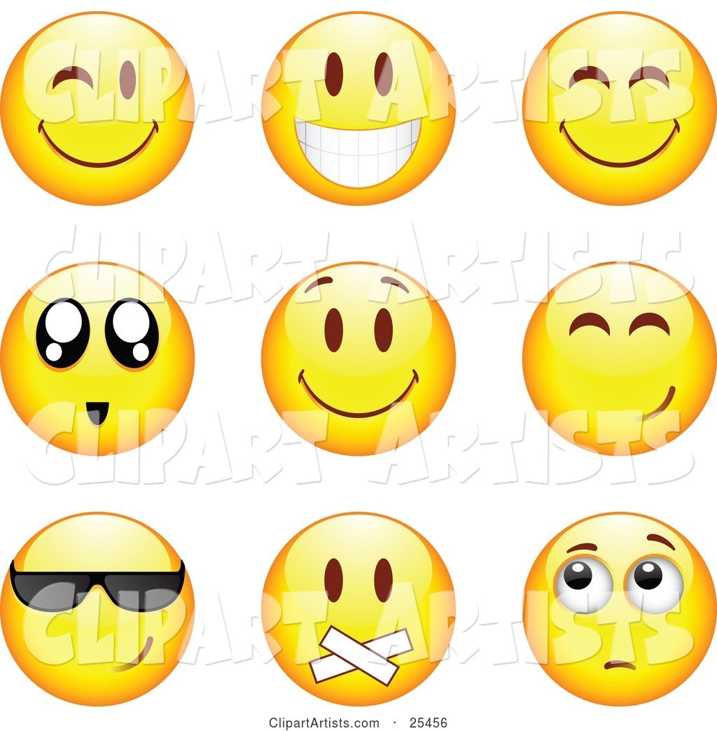 Group of Winking, Smiling, Happy, Awed, Cool, Silenced and Nervous Yellow Emoticon Faces