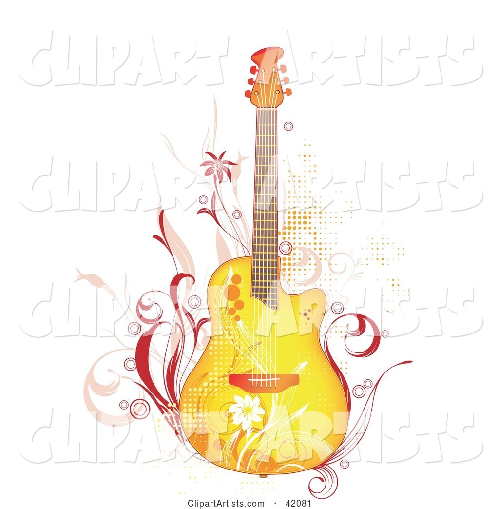 Grunge Yellow Guitar with Pink Vines and Flowers