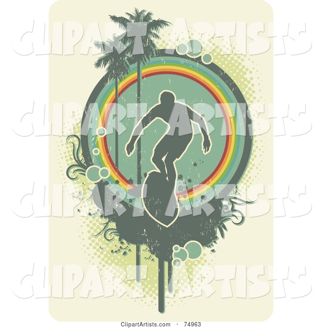 Grungy Green Surfer in Front of a Circle with Palm Trees and Halftone over Beige