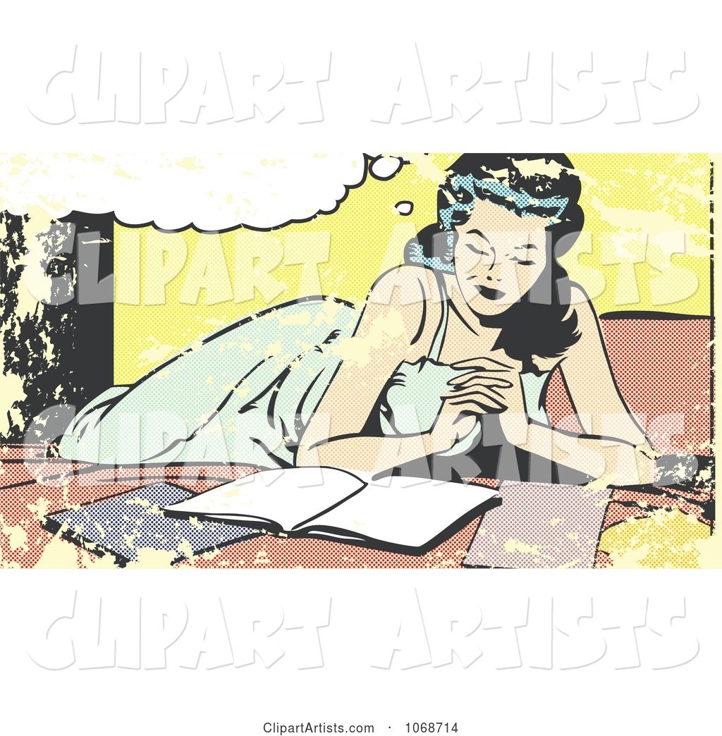 Grungy Pop Art Woman Reading on a Bed