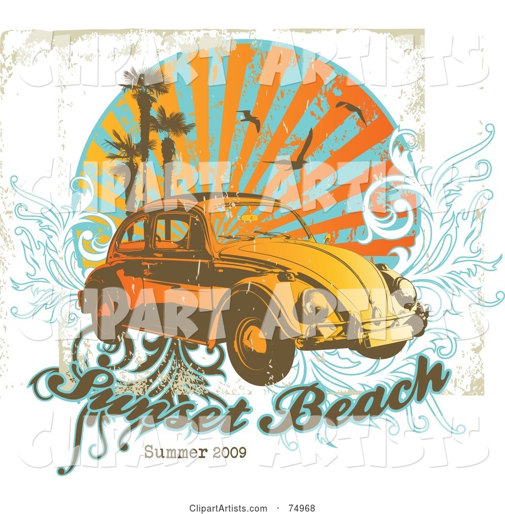Grungy Retro Vw Beetle Car with Palm Trees, Gulls and Vines with Sample Text