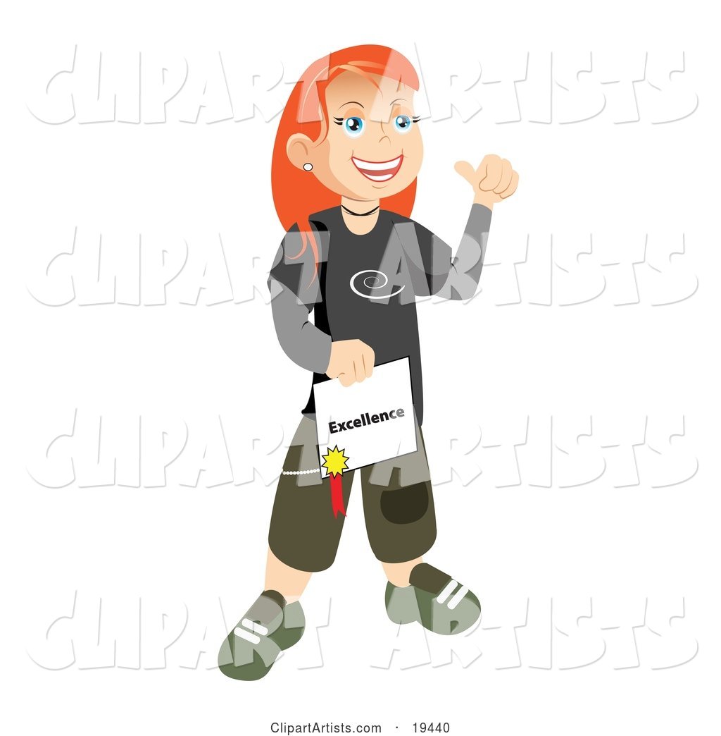 Happy and Proud Skater School Girl with Red Hair, Smiling and Holding Her Certificate of Excellence for Honor Roll
