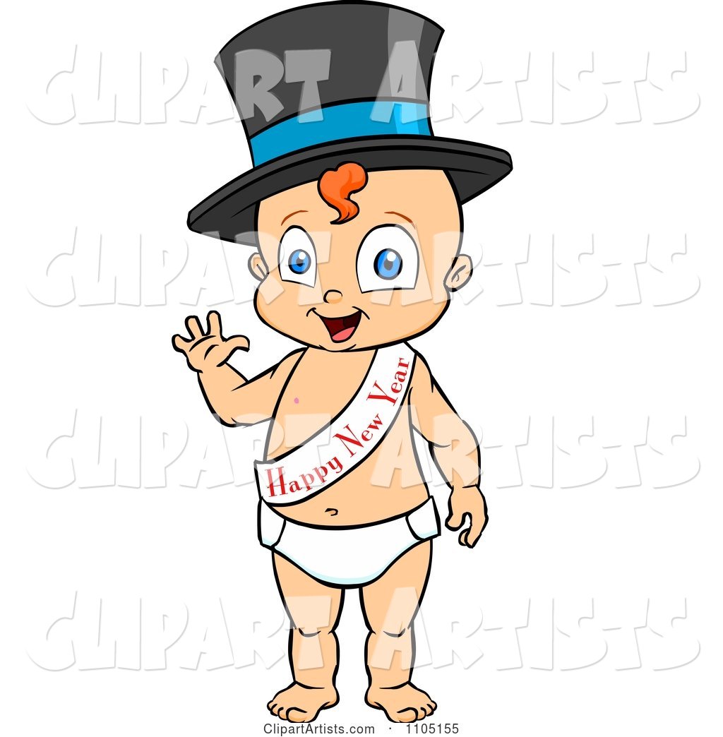Happy Baby Standing Waving and Wearing a Top Hat and New Year Sash