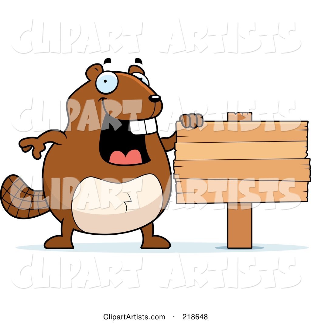 Happy Beaver Standing Upright by a Wood Sign
