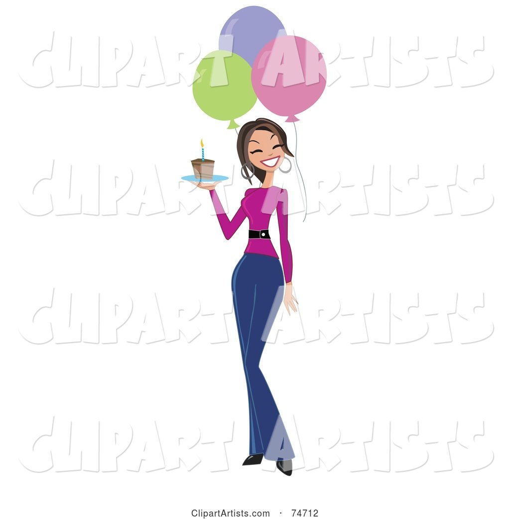 Happy Birthday Woman Carrying a Slice of Cake and Walking by Balloons