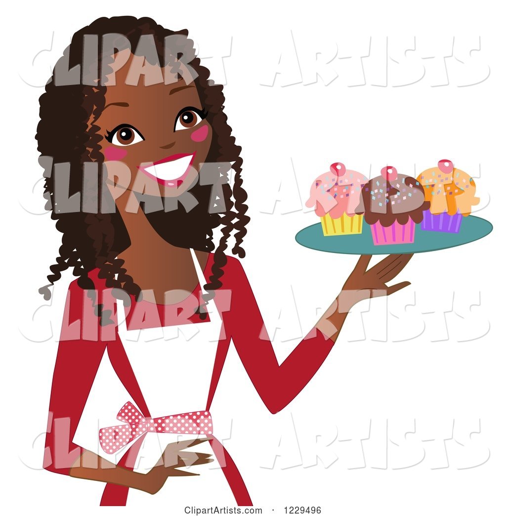 Happy Black Baker Woman Holding a Tray of Cupcakes