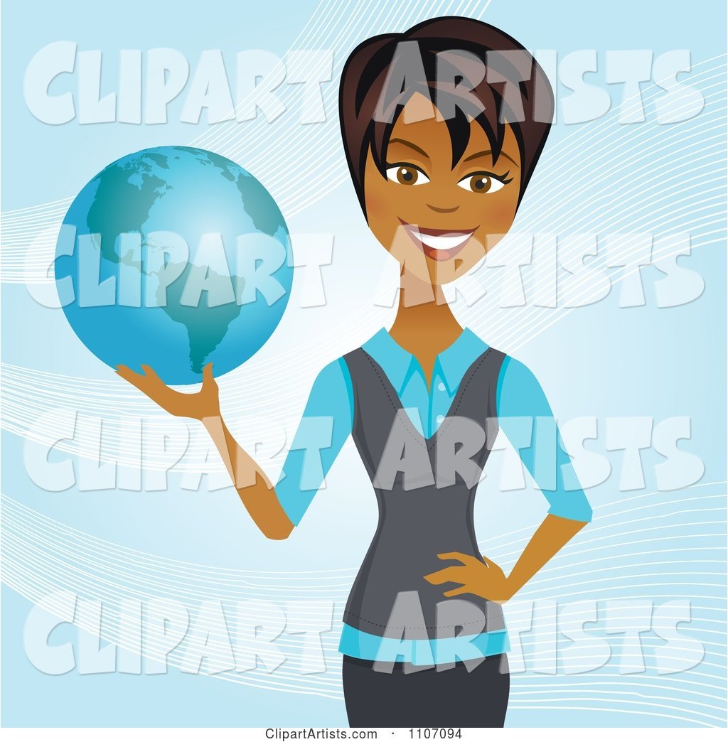 Happy Black Businesswoman Holding a Globe and Standing over Blue with Waves