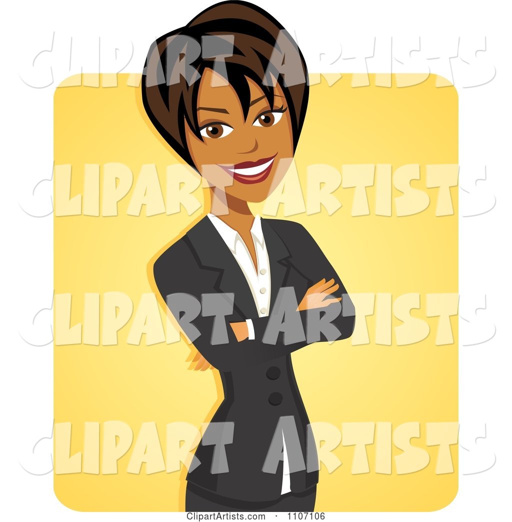 Happy Black Businesswoman with Folded Arms over Yellow