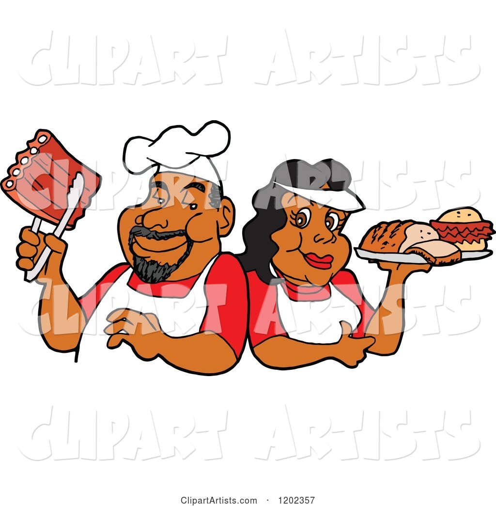 Happy Black Chef Couple Holding Ribs and a Plate of Bbq Foods
