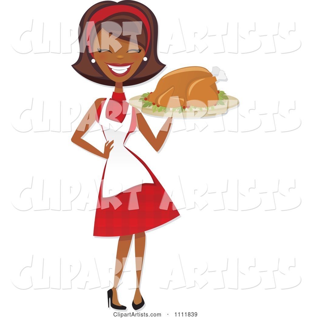 Happy Black Retro Woman Carrying a Roasted Thanksgiving or Christmas Turkey on a Platter