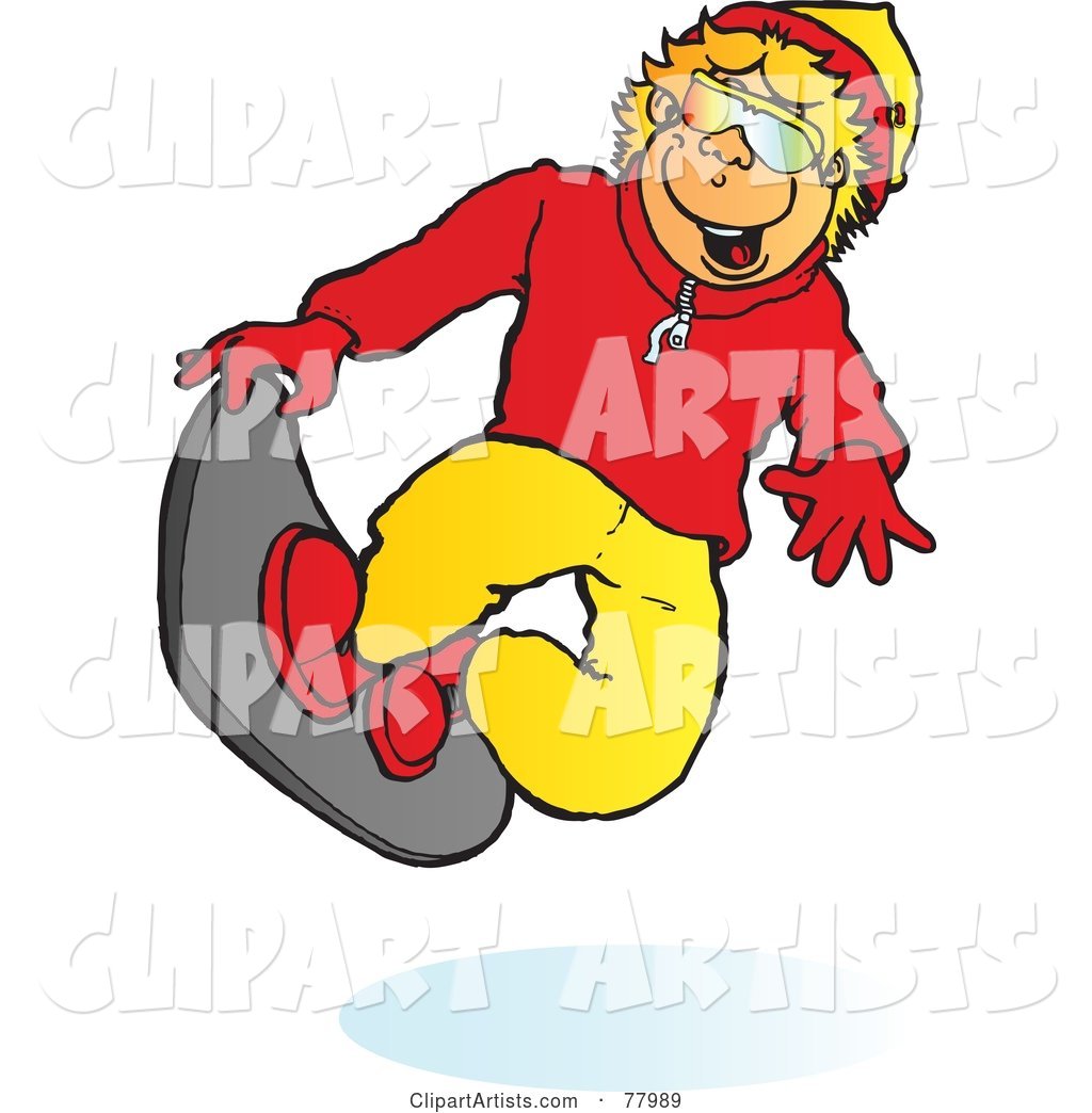 Happy Blond Boy Snowboarding and Catching Air
