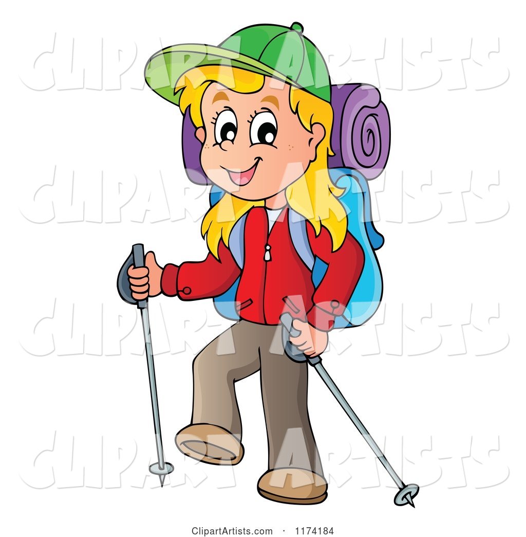 Happy Blond Girl Hiking with Trekking Poles