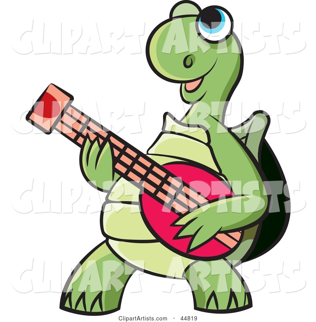 Happy Blue Eyed Green Tortoise Character Playing a Guitar