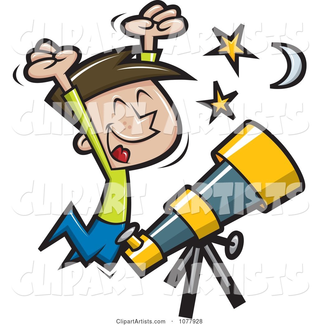 Happy Boy Jumping by a Telescope