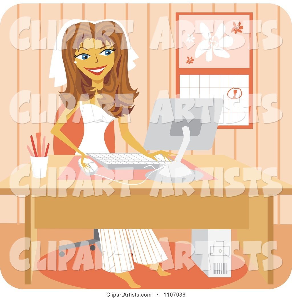 Happy Bride Wearing Her Veil and Pajamas and Shopping Online
