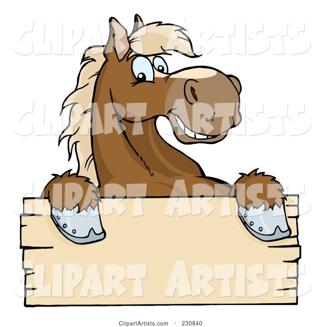 Happy Brown Horse Looking over a Blank Wood Sign