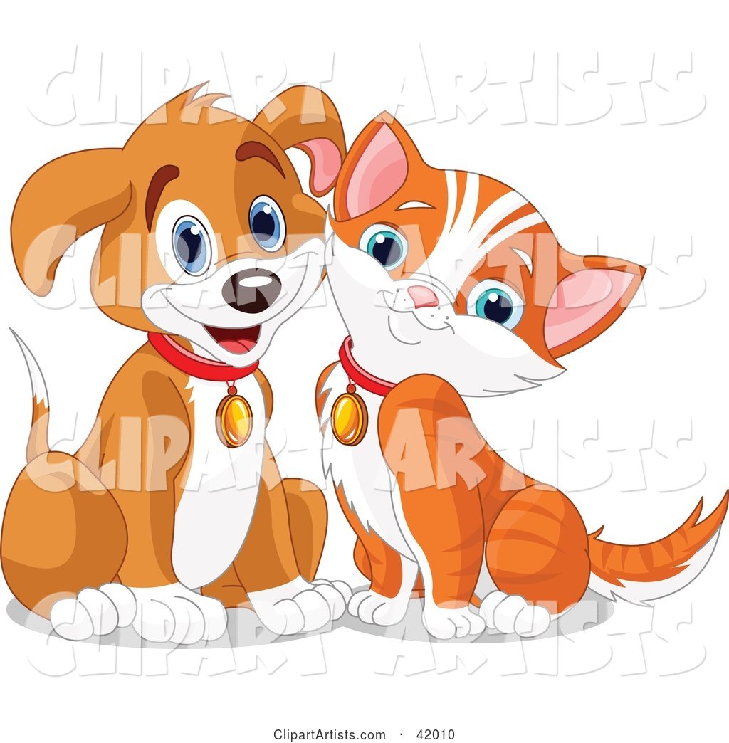 Happy Brown Puppy and Orange Kitten Resting Their Cheeks Together