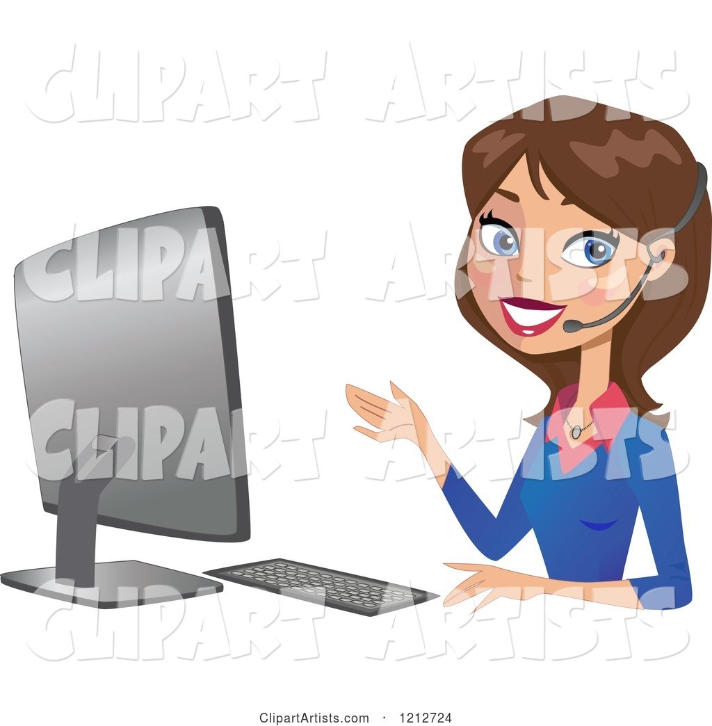 Happy Brunette Business Woman Wearing a Headset at a Computer