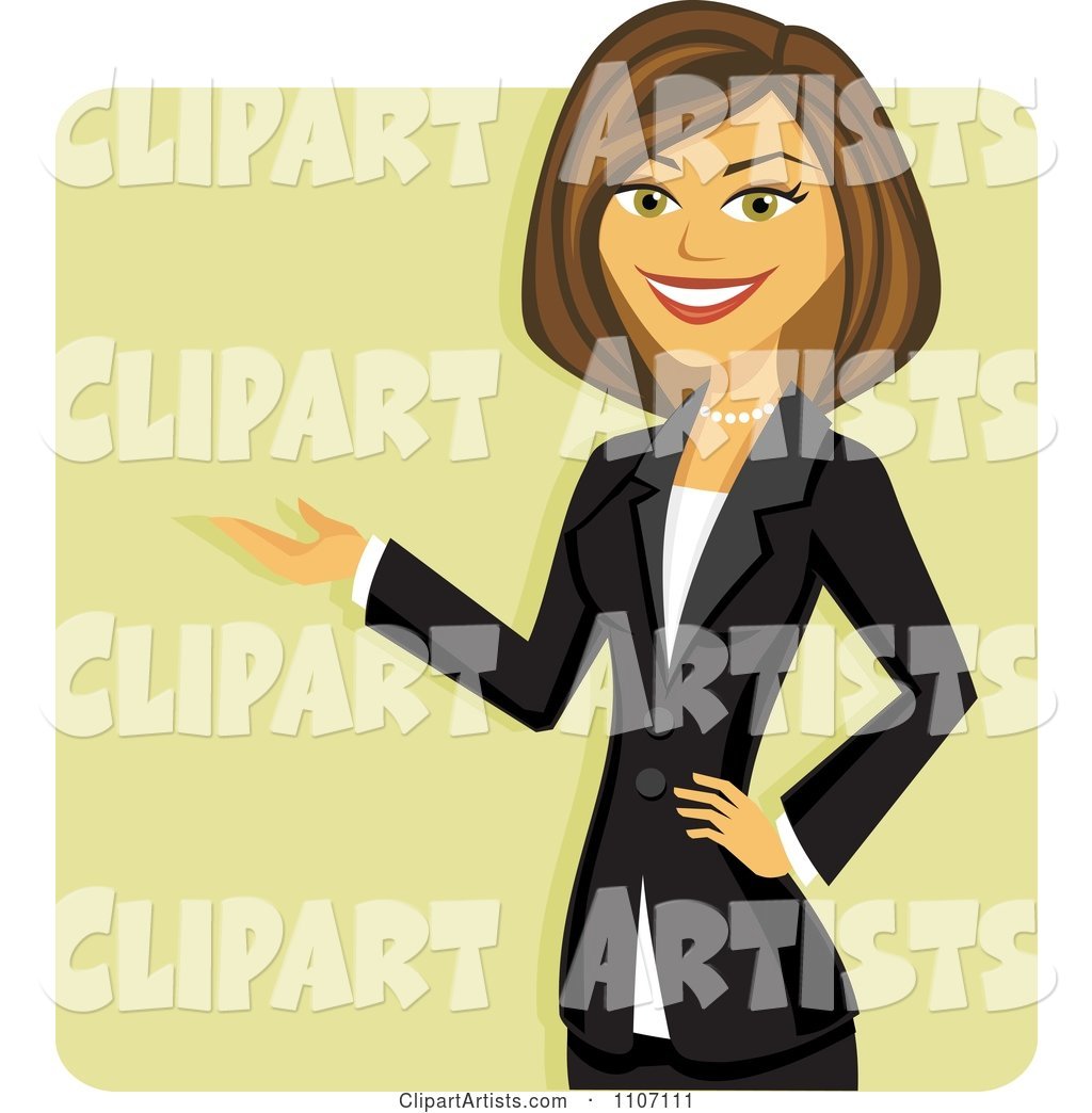 Happy Brunette Businesswoman in a Black Suit Presenting over a Green Square