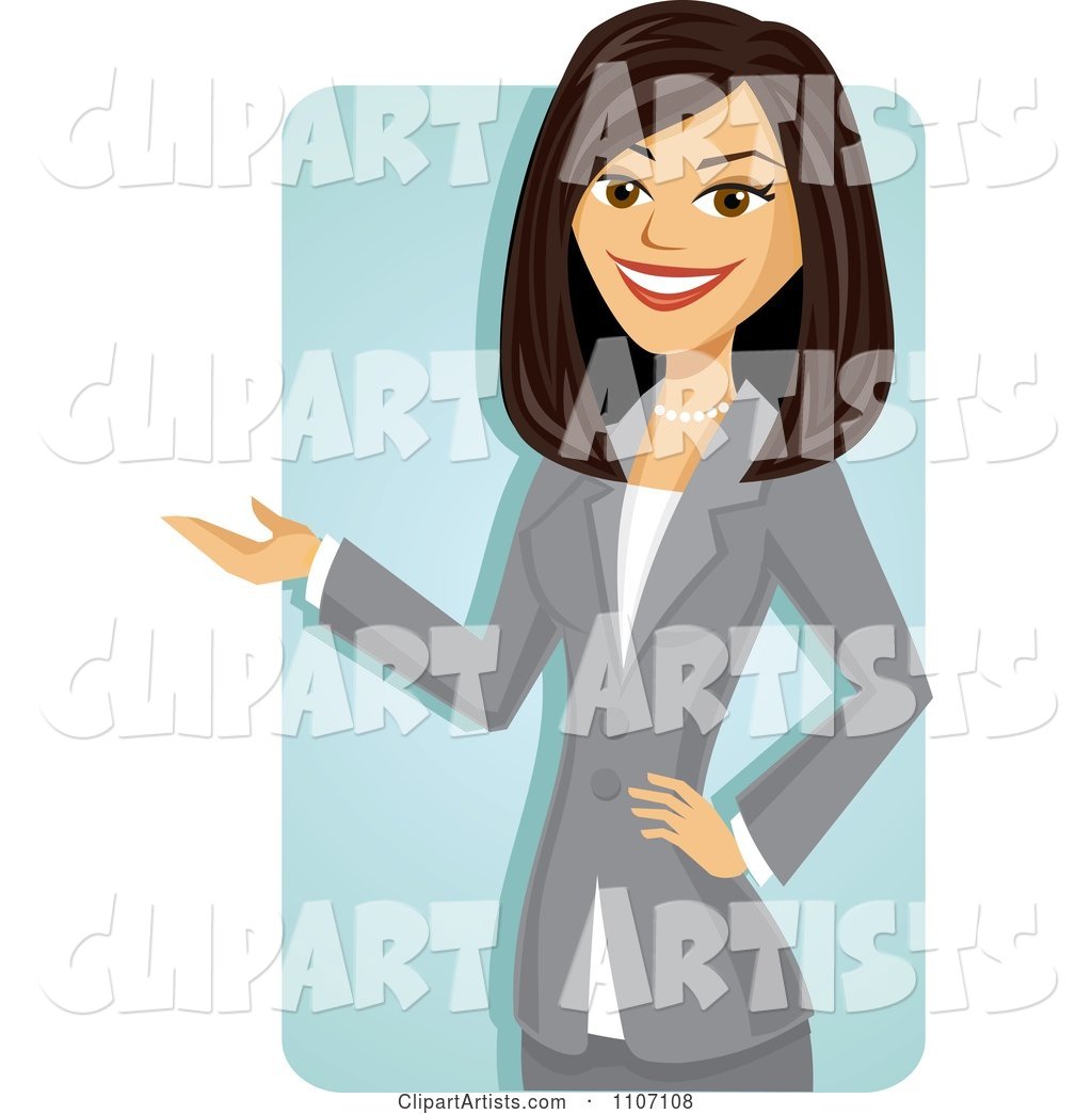 Happy Brunette Businesswoman in a Gray Suit Presenting over a Blue Rectangle