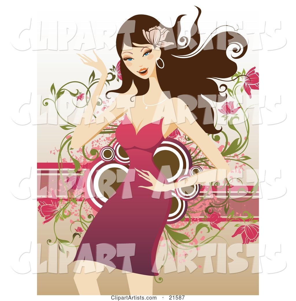 Happy Brunette Caucasian Woman Wearing a Flower in Her Hair, Wearing a Pink Dress and Dancing