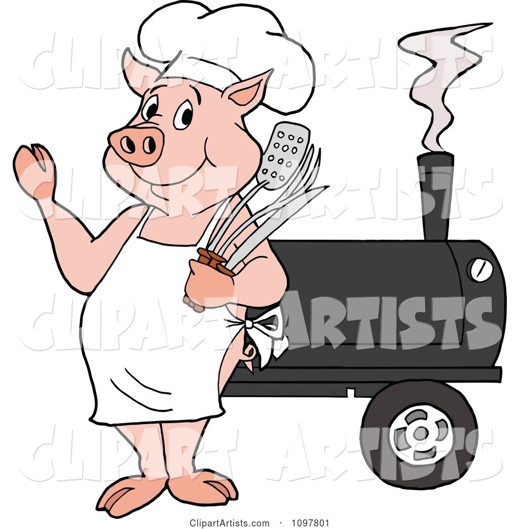 Happy Chef Pig Waving and Standing by a Bbq Smoker