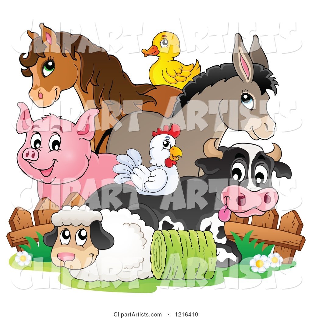 Happy Chicken Horse Donkey Pig Duck Cow and Sheep by a Fence
