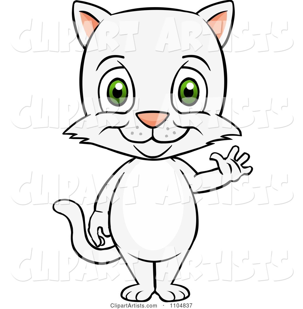 Happy Cute White Cat Standing and Waving