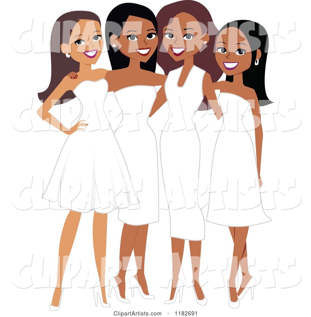 Happy Diverse Ladies in White Formal Dresses