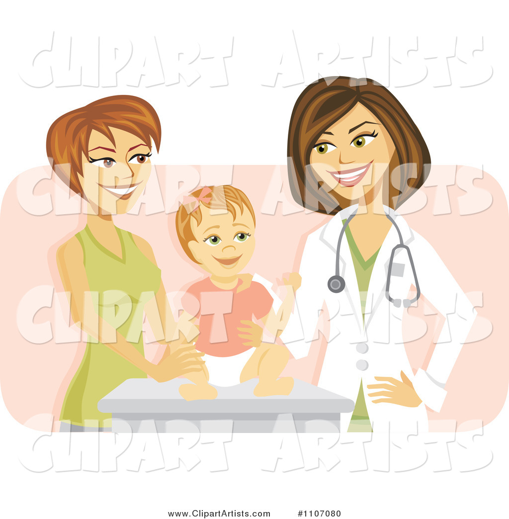 Happy Female Pediatric Doctor with a Baby Girl and Mom over Pink