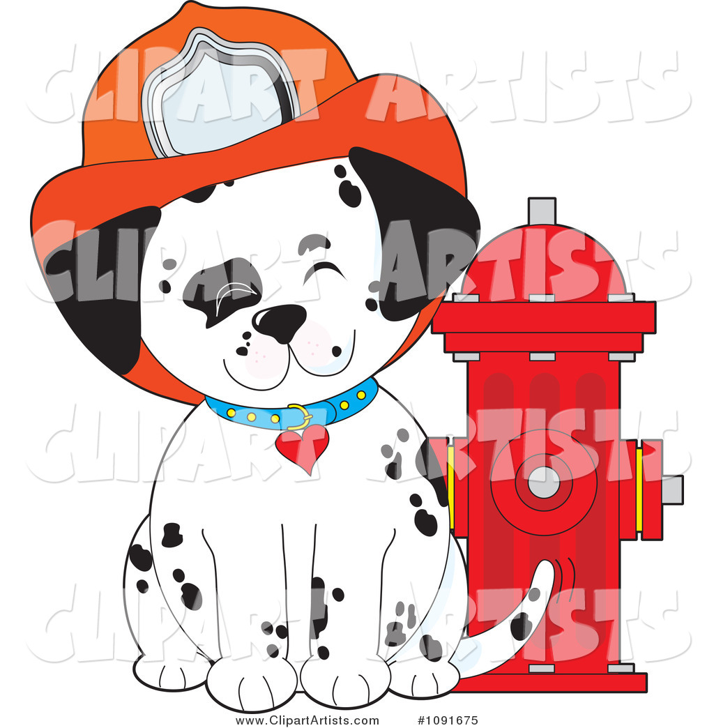 Happy Fire Department Dalmatian Puppy by a Hydrant