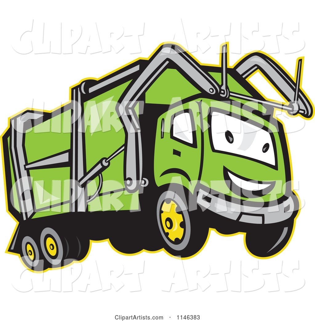 Happy Green Garbage Truck Mascot