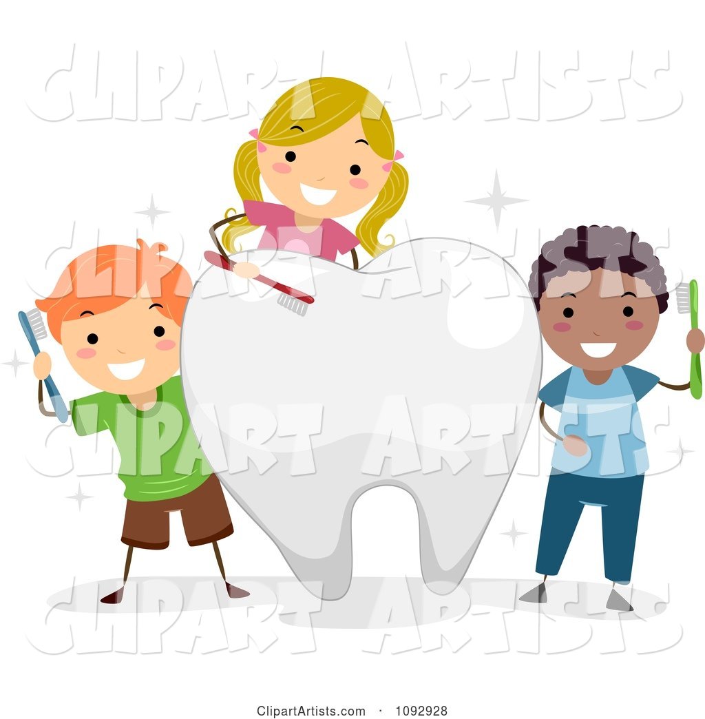 Happy Kids Brushing a Big Tooth