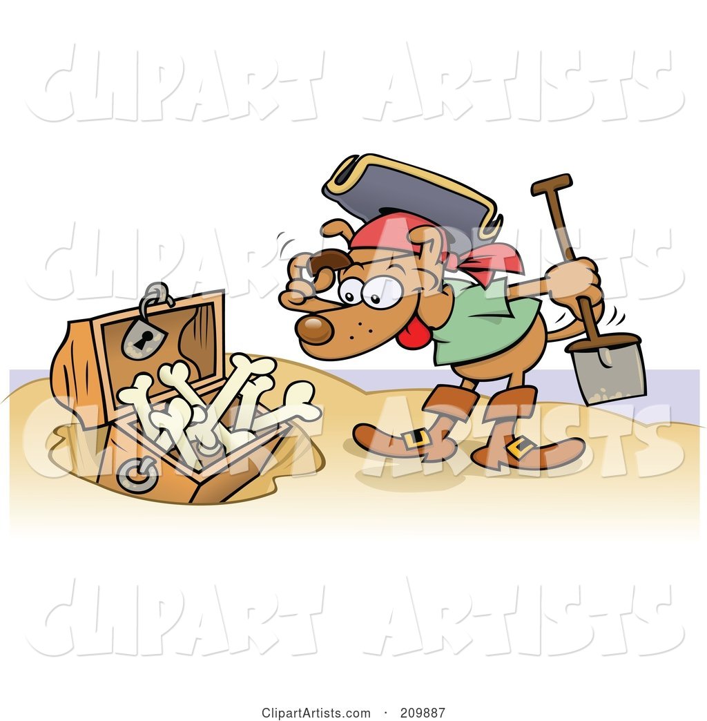 Happy Pirate Dog Discovering a Buried Treasure Chest of Bones on a Beach